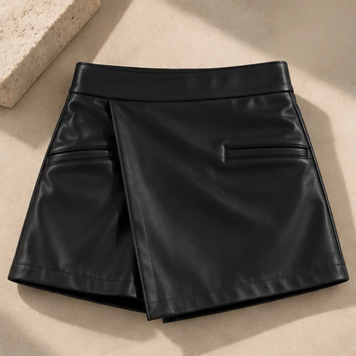 Shorts Saia Alfaiataria Couro Eco preto, vista frontal, com sobreposição assimétrica e bolsos horizontais
